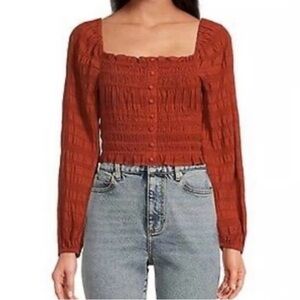 Gianni Bini Orange Smocked Puff Sleeve Blouse